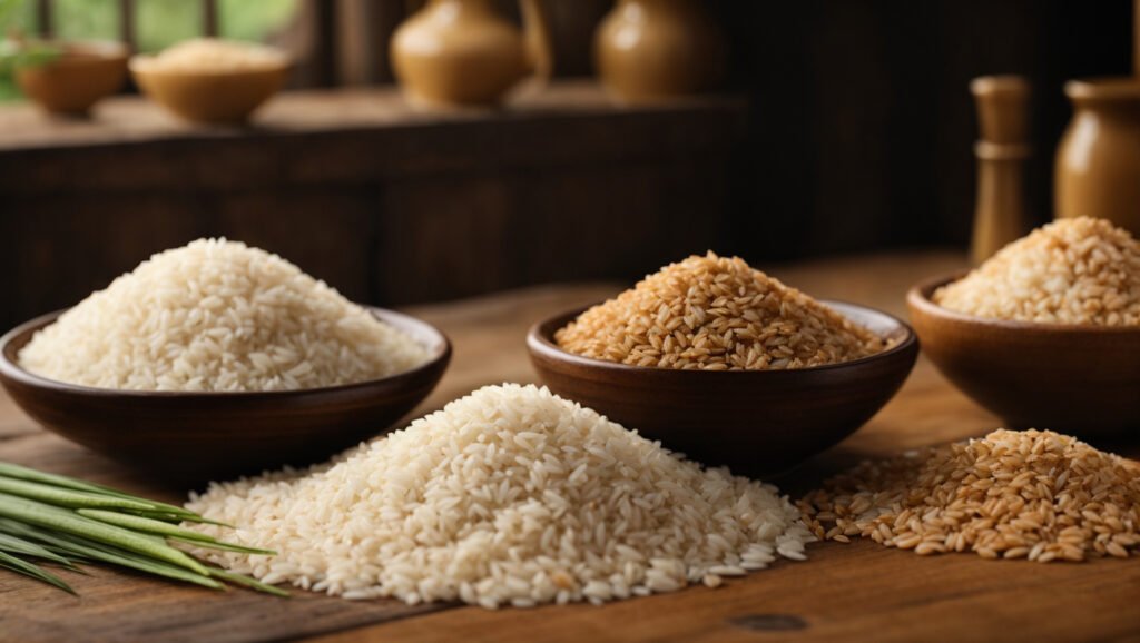 white brown steamed rice in a bowl placed on a wooden table, lig