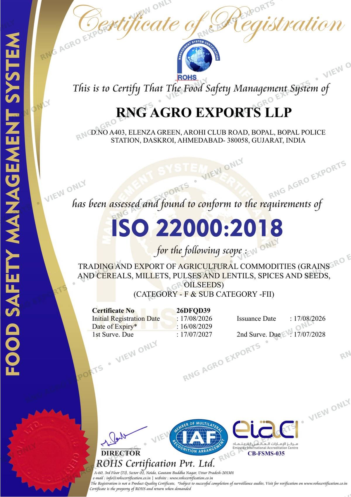 ISO 22000:2018 certificate